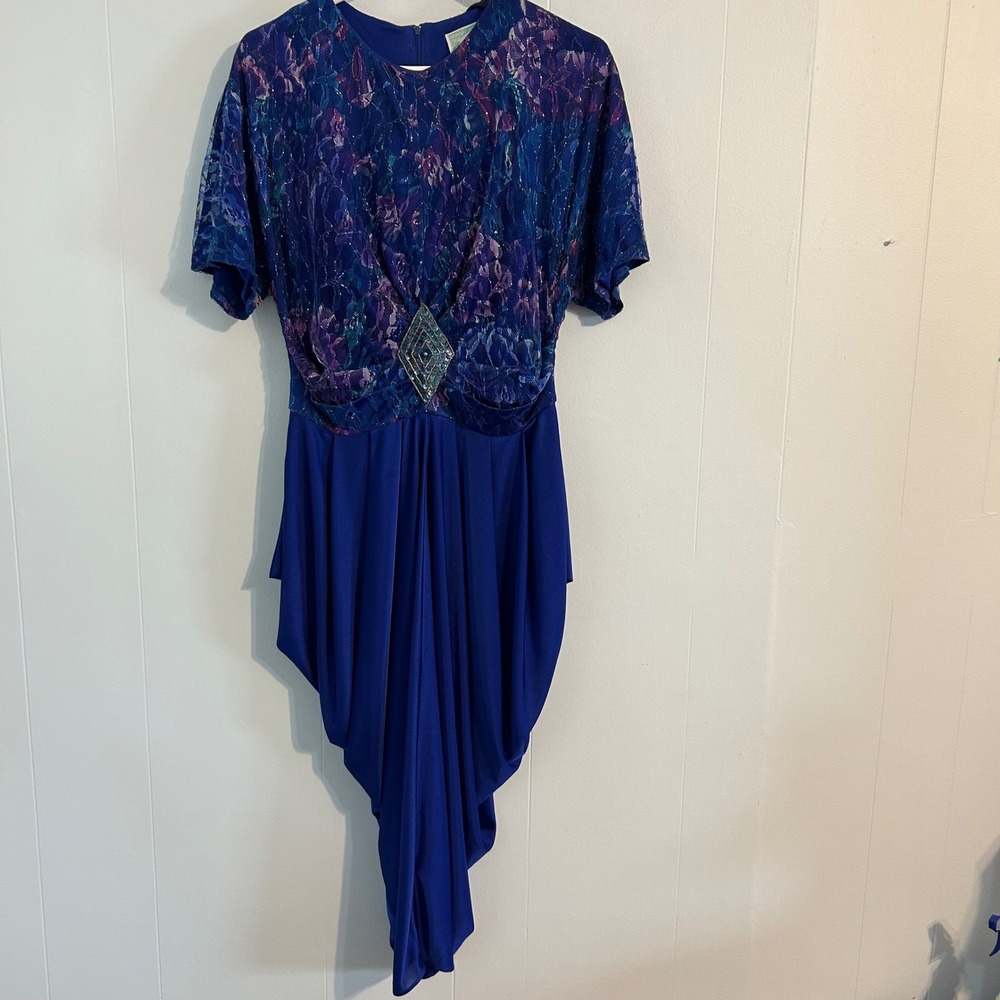 Vintage Filigree 80s Royal Blue Purple Lace Handkerchief Hem Dress Earrings 12